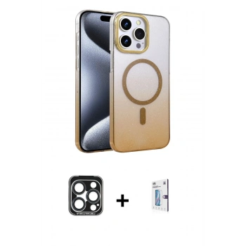 MARSİLYAN™- iPhone 15 Pro Max Kılıf Ahenk Doku Özel Seri - Siyah Bilvis 0.18mm Plus Cam Ekran Koruyucu + PVD Metal Kamera Lens - LT
