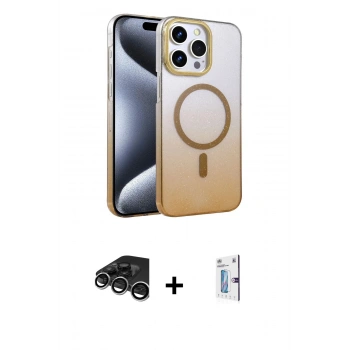 MARSİLYAN™- iPhone 15 Pro Max Kılıf Ahenk Doku Özel Seri - Siyah Bilvis 0.18mm Plus Cam Ekran Koruyucu + Raze Metal Kamera Lens - GS