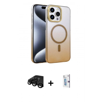 MARSİLYAN™- iPhone 15 Pro Max Kılıf Ahenk Doku Özel Seri - Siyah Bilvis 0.18mm Plus Cam Ekran Koruyucu + Raze Metal Kamera Lens - SH