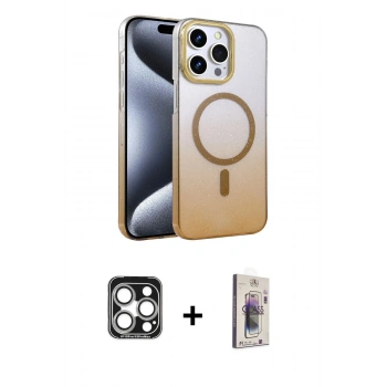 MARSİLYAN™- iPhone 15 Pro Max Kılıf Ahenk Doku Özel Seri - Siyah Bilvis 3D Cam Ekran Koruyucu + PVD Metal Kamera Lens - GS