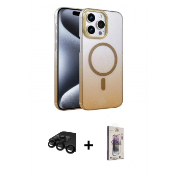MARSİLYAN™- iPhone 15 Pro Max Kılıf Ahenk Doku Özel Seri - Siyah Bilvis 3D Cam Ekran Koruyucu + Raze Metal Kamera Lens - SH