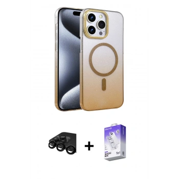 MARSİLYAN™- iPhone 15 Pro Max Kılıf Ahenk Doku Özel Seri - Siyah Bilvis 5in1 3D Magic Cam Ekran Koruyucu + Raze Metal Kamera Lens - SH