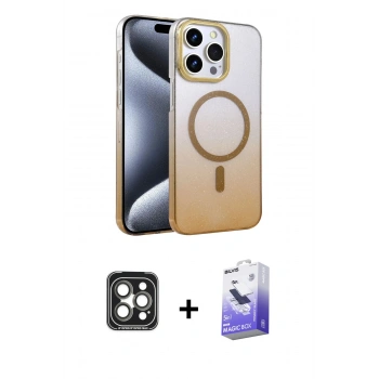 MARSİLYAN™- iPhone 15 Pro Max Kılıf Ahenk Doku Özel Seri - Siyah Bilvis 5in1 5D Magic Hayalet Cam Ekran Koruyucu + PVD Metal Kamera Lens - GI