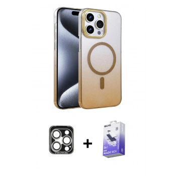 MARSİLYAN™- iPhone 15 Pro Max Kılıf Ahenk Doku Özel Seri - Siyah Bilvis 5in1 5D Magic Hayalet Cam Ekran Koruyucu + PVD Metal Kamera Lens - GS