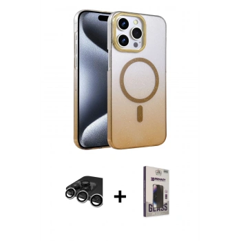 MARSİLYAN™- iPhone 15 Pro Max Kılıf Ahenk Doku Özel Seri - Siyah Bilvis Hayalet Cam Ekran Koruyucu + Raze Metal Kamera Lens - GS
