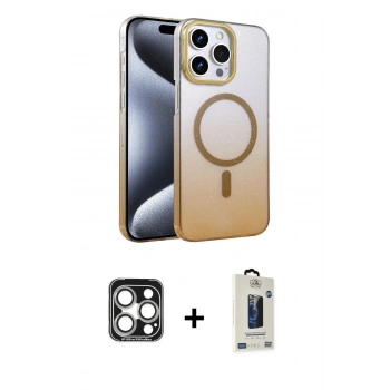 MARSİLYAN™- iPhone 15 Pro Max Kılıf Ahenk Doku Özel Seri - Siyah Bilvis Hayalet Cam Ekran Koruyucu + PVD Metal Kamera Lens - GS
