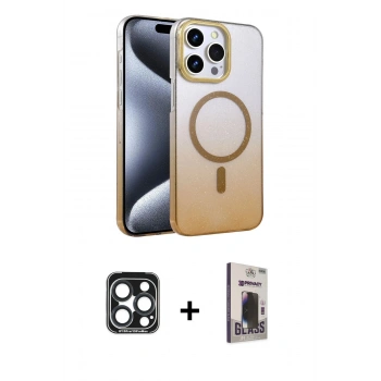 MARSİLYAN™- iPhone 15 Pro Max Kılıf Ahenk Doku Özel Seri - Siyah Bilvis Hayalet Cam Ekran Koruyucu + PVD Metal Kamera Lens - LT