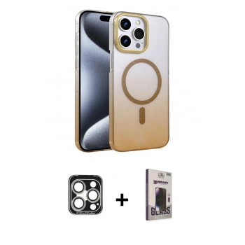 MARSİLYAN™- iPhone 15 Pro Max Kılıf Ahenk Doku Özel Seri - Siyah Bilvis Hayalet Cam Ekran Koruyucu + PVD Metal Kamera Lens - GS