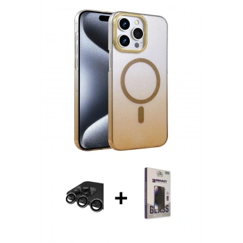 MARSİLYAN™- iPhone 15 Pro Max Kılıf Ahenk Doku Özel Seri - Siyah Bilvis Hayalet Cam Ekran Koruyucu + Raze Metal Kamera Lens - TMGI
