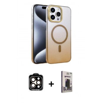 MARSİLYAN™- iPhone 15 Pro Max Kılıf Ahenk Doku Özel Seri - Siyah Bilvis Hayalet Cam Ekran Koruyucu + PVD Metal Kamera Lens - TU