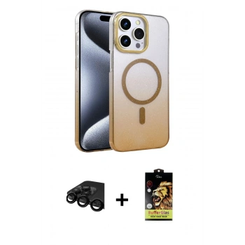 MARSİLYAN™- iPhone 15 Pro Max Kılıf Ahenk Doku Özel Seri - Siyah Buffer Cam Ekran Koruyucu + Raze Metal Kamera Lens - SH