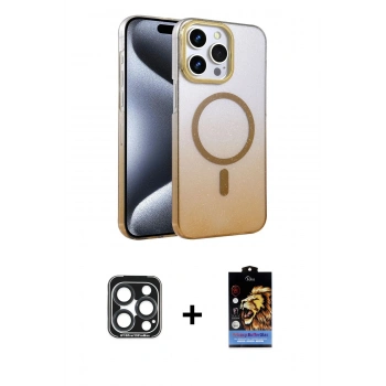 MARSİLYAN™- iPhone 15 Pro Max Kılıf Ahenk Doku Özel Seri - Siyah Buffer Hayalet Cam Ekran Koruyucu + PVD Metal Kamera Lens - LT