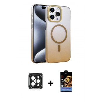 MARSİLYAN™- iPhone 15 Pro Max Kılıf Ahenk Doku Özel Seri - Siyah Buffer Hayalet Cam Ekran Koruyucu + PVD Metal Kamera Lens - SH
