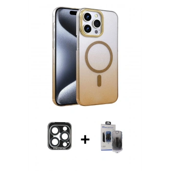 MARSİLYAN™- iPhone 15 Pro Max Kılıf Ahenk Doku Özel Seri - Siyah Vanessa Magic Hayalet Cam + PVD Metal Kamera Lens - LT