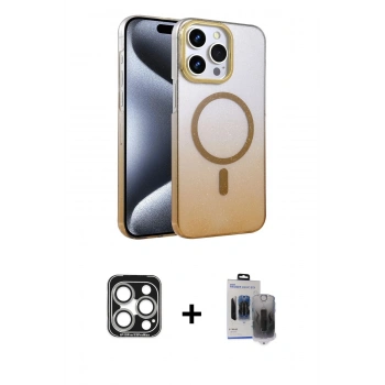 MARSİLYAN™- iPhone 15 Pro Max Kılıf Ahenk Doku Özel Seri - Siyah Vanessa Magic Hayalet Cam + PVD Metal Kamera Lens - GS
