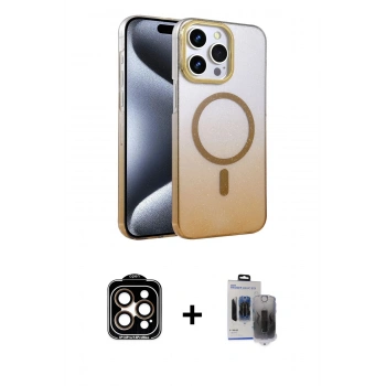 MARSİLYAN™- iPhone 15 Pro Max Kılıf Ahenk Doku Özel Seri - Siyah Vanessa Magic Hayalet Cam + PVD Metal Kamera Lens - TU