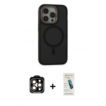 MARSİLYAN™- iPhone 15 Pro Max Kılıf Ahenk Form Serisi - Şeffaf Pasifik Cam Ekran Koruyucu + PVD Metal Kamera Lens - TU