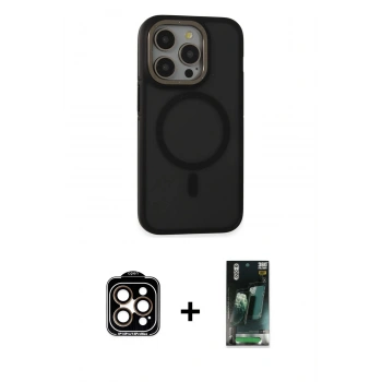 MARSİLYAN™- iPhone 15 Pro Max Kılıf Ahenk Form Serisi - Siyah 360 Mat Full Body Arka Koruyucu + PVD Metal Kamera Lens - TU