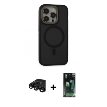 MARSİLYAN™- iPhone 15 Pro Max Kılıf Ahenk Form Serisi - Siyah 360 Mat Full Body Arka Koruyucu + Raze Metal Kamera Lens - SH