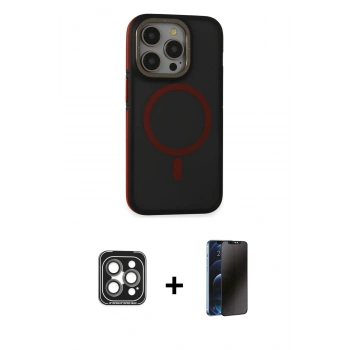 MARSİLYAN™- iPhone 15 Pro Max Kılıf Ahenk Form Serisi - Siyah 3D Antistatik Hayalet Cam Ekran Koruyucu + PVD Metal Kamera Lens - GI