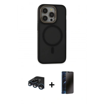 MARSİLYAN™- iPhone 15 Pro Max Kılıf Ahenk Form Serisi - Siyah 3D Antistatik Hayalet Cam Ekran Koruyucu + Raze Metal Kamera Lens - LT