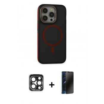 MARSİLYAN™- iPhone 15 Pro Max Kılıf Ahenk Form Serisi - Siyah 3D Antistatik Hayalet Cam Ekran Koruyucu + PVD Metal Kamera Lens - LT
