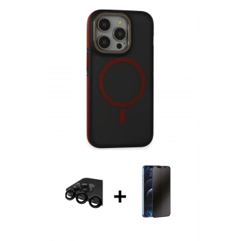 MARSİLYAN™- iPhone 15 Pro Max Kılıf Ahenk Form Serisi - Siyah 3D Antistatik Hayalet Cam Ekran Koruyucu + Raze Metal Kamera Lens - SH