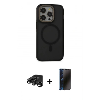 MARSİLYAN™- iPhone 15 Pro Max Kılıf Ahenk Form Serisi - Siyah 3D Antistatik Hayalet Cam Ekran Koruyucu + Raze Metal Kamera Lens - TMGI