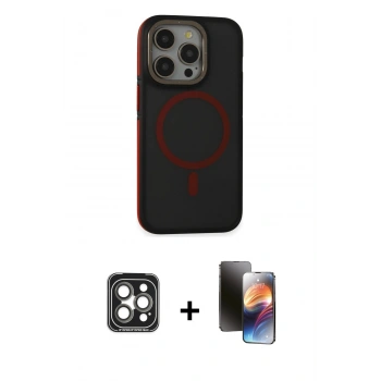 MARSİLYAN™- iPhone 15 Pro Max Kılıf Ahenk Form Serisi - Siyah 3D Antistatik Mat Seramik Nano Ekran Koruyucu + PVD Metal Kamera Lens - GI