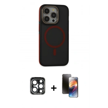 MARSİLYAN™- iPhone 15 Pro Max Kılıf Ahenk Form Serisi - Siyah 3D Antistatik Mat Seramik Nano Ekran Koruyucu + PVD Metal Kamera Lens - LT