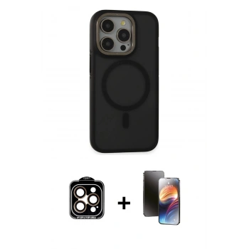MARSİLYAN™- iPhone 15 Pro Max Kılıf Ahenk Form Serisi - Siyah 3D Antistatik Mat Seramik Nano Ekran Koruyucu + PVD Metal Kamera Lens - TU