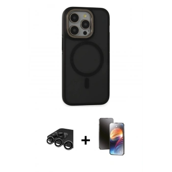 MARSİLYAN™- iPhone 15 Pro Max Kılıf Ahenk Form Serisi - Siyah 3D Antistatik Mat Seramik Nano Ekran Koruyucu + Raze Metal Kamera Lens - TMGI
