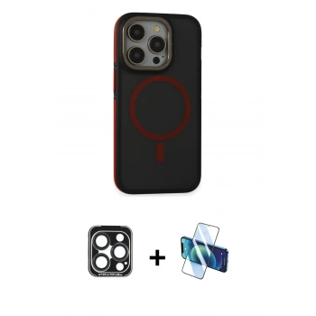 MARSİLYAN™- iPhone 15 Pro Max Kılıf Ahenk Form Serisi - Siyah 3D Antistatik Seramik Nano Ekran Koruyucu + PVD Metal Kamera Lens - LT