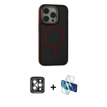 MARSİLYAN™- iPhone 15 Pro Max Kılıf Ahenk Form Serisi - Siyah 3D Antistatik Seramik Nano Ekran Koruyucu + PVD Metal Kamera Lens - GI