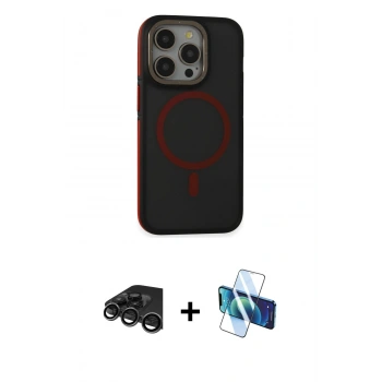 MARSİLYAN™- iPhone 15 Pro Max Kılıf Ahenk Form Serisi - Siyah 3D Antistatik Seramik Nano Ekran Koruyucu + Raze Metal Kamera Lens - TMGI