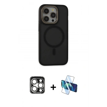 MARSİLYAN™- iPhone 15 Pro Max Kılıf Ahenk Form Serisi - Siyah 3D Antistatik Seramik Nano Ekran Koruyucu + PVD Metal Kamera Lens - GS