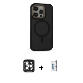 MARSİLYAN™- iPhone 15 Pro Max Kılıf Ahenk Form Serisi - Siyah Bilvis 0.18mm Plus Cam Ekran Koruyucu + PVD Metal Kamera Lens - GI