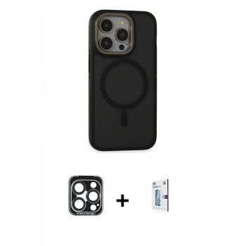 MARSİLYAN™- iPhone 15 Pro Max Kılıf Ahenk Form Serisi - Siyah Bilvis 0.18mm Plus Cam Ekran Koruyucu + PVD Metal Kamera Lens - LT