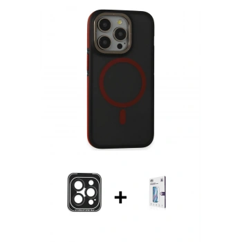 MARSİLYAN™- iPhone 15 Pro Max Kılıf Ahenk Form Serisi - Siyah Bilvis 0.18mm Plus Cam Ekran Koruyucu + PVD Metal Kamera Lens - SH