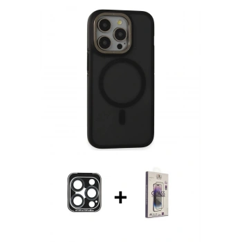 MARSİLYAN™- iPhone 15 Pro Max Kılıf Ahenk Form Serisi - Siyah Bilvis 3D Cam Ekran Koruyucu + PVD Metal Kamera Lens - LT