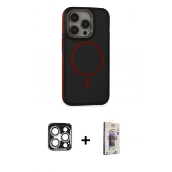 MARSİLYAN™- iPhone 15 Pro Max Kılıf Ahenk Form Serisi - Siyah Bilvis 3D Cam Ekran Koruyucu + PVD Metal Kamera Lens - GS