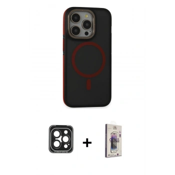 MARSİLYAN™- iPhone 15 Pro Max Kılıf Ahenk Form Serisi - Siyah Bilvis 3D Cam Ekran Koruyucu + PVD Metal Kamera Lens - SH