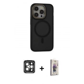 MARSİLYAN™- iPhone 15 Pro Max Kılıf Ahenk Form Serisi - Siyah Bilvis 3D Cam Ekran Koruyucu + PVD Metal Kamera Lens - GI