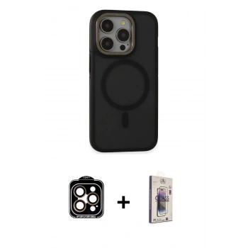 MARSİLYAN™- iPhone 15 Pro Max Kılıf Ahenk Form Serisi - Siyah Bilvis 3D Cam Ekran Koruyucu + PVD Metal Kamera Lens - TU