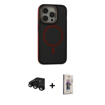 MARSİLYAN™- iPhone 15 Pro Max Kılıf Ahenk Form Serisi - Siyah Bilvis 3D Cam Ekran Koruyucu + Raze Metal Kamera Lens - SH