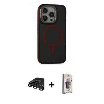 MARSİLYAN™- iPhone 15 Pro Max Kılıf Ahenk Form Serisi - Siyah Bilvis 3D Cam Ekran Koruyucu + Raze Metal Kamera Lens - TMGI