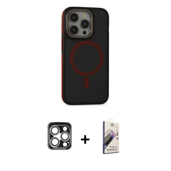 MARSİLYAN™- iPhone 15 Pro Max Kılıf Ahenk Form Serisi - Siyah Bilvis 3D Mat Cam Ekran Koruyucu + PVD Metal Kamera Lens - GS