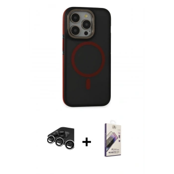 MARSİLYAN™- iPhone 15 Pro Max Kılıf Ahenk Form Serisi - Siyah Bilvis 3D Mat Cam Ekran Koruyucu + Raze Metal Kamera Lens - GS