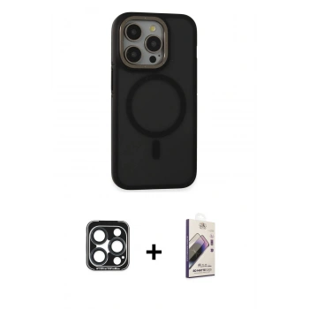 MARSİLYAN™- iPhone 15 Pro Max Kılıf Ahenk Form Serisi - Siyah Bilvis 3D Mat Cam Ekran Koruyucu + PVD Metal Kamera Lens - LT