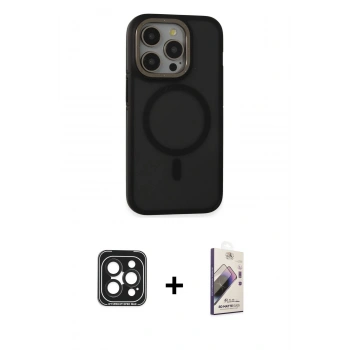 MARSİLYAN™- iPhone 15 Pro Max Kılıf Ahenk Form Serisi - Siyah Bilvis 3D Mat Cam Ekran Koruyucu + PVD Metal Kamera Lens - SH